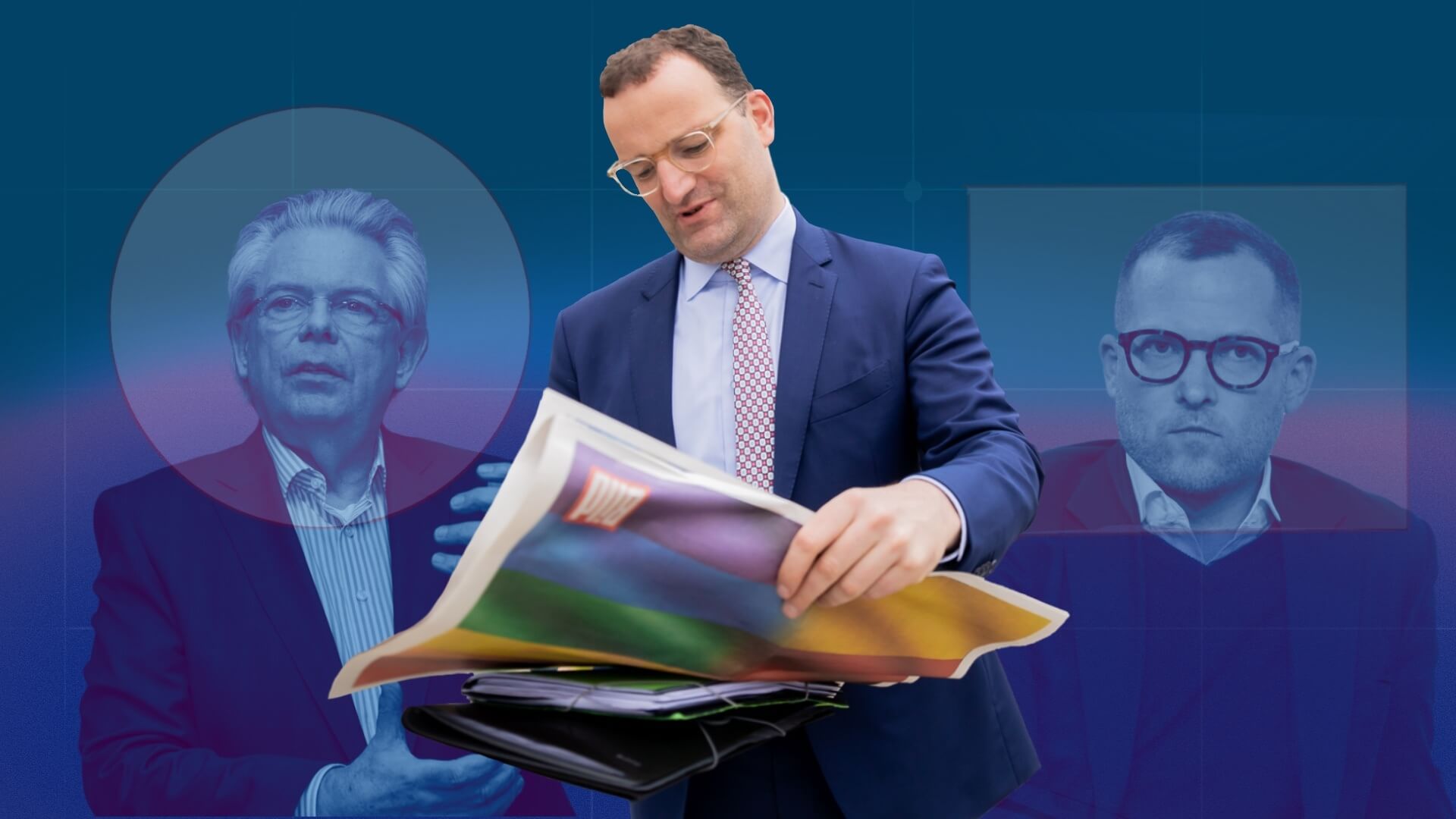 Spahn liest eine Zeitung. Neben ihm: Gotthardt und Reichelt. IMAGO / Eduard Bopp/ picture alliance/dpa | Christoph Soede / picture alliance / epd-bild | Rico Thumser / (Collage: CORRECTIV)