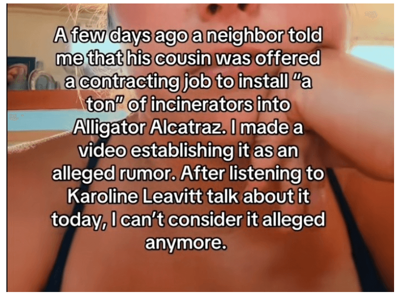 Mit diesem Tiktok-Video wurde ein unbelegtes Gerücht über das US-Abschiebegefängnis „Alligator Alcatraz“ in die Welt gesetzt (Quelle: Tiktok; Screenshot und Collage: CORRECTIV.Faktencheck)