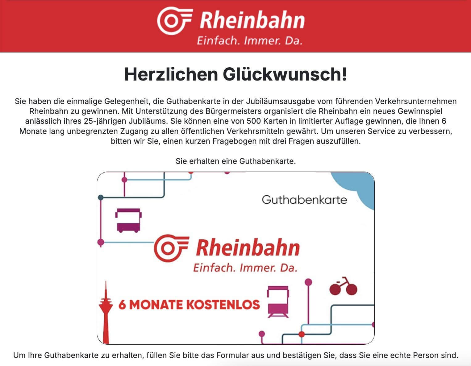 Ein gefälschtes Ticket für die Rheinbahn auf der angeblichen Gewinnspielseite