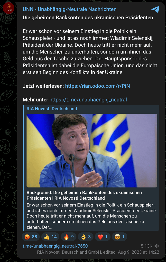 Screenshot eines Beitrags der Nachrichtenagentur RIA Novosti im Kanal UNN