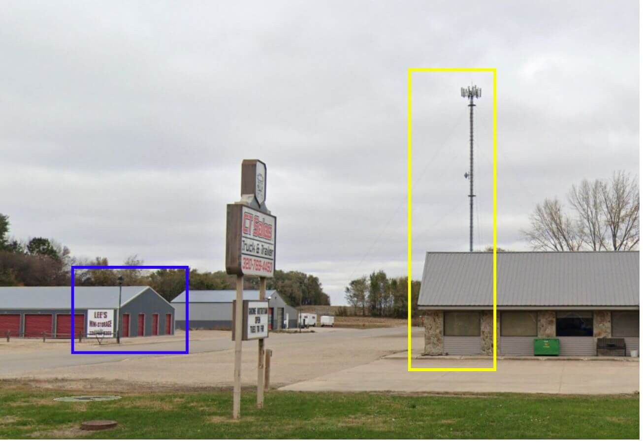 Das Video von den Öfen (oben) ist nicht – wie behauptet – in „Alligator Alcatraz“ aufgenommen worden, sondern auf dem Gelände eines LKW-Händlers im US-Bundesstaat Minnesota, wie ein Abgleich mit Google Maps (unten) zeigt (Quelle: Tiktok / Google Maps; Screenshots, Collage und Markierungen: CORRECTIV.Faktencheck)