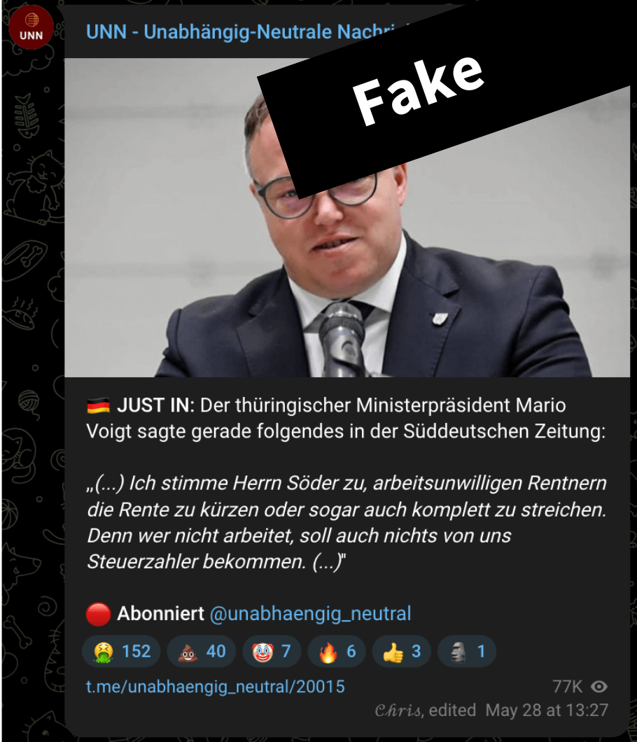 Screenshot eines Telegram-Beitrags mit einem angeblichen Zitat von Mario Voigt