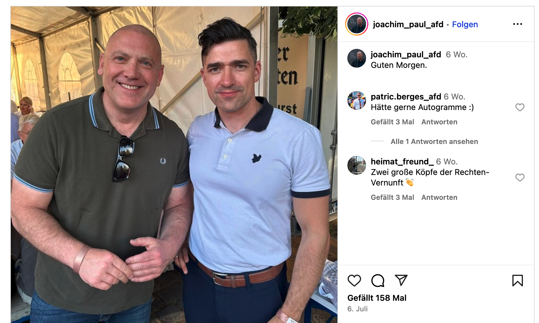 AfD-Landtagsabgeordneter Joachim Paul (l.) und Rechtsextremist Martin Sellner, Paul veröffentlichte das Foto am 6. Juli 2025 bei Instagram und in anderen Netzwerken. (Foto: Joachim Paul / Instagram, Screenshot: CORRECTIV)
