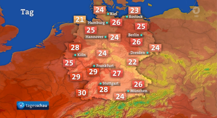 Diese Karte aus der Tagesschau vom 17. Juli 2025 stellt die Temperaturen farblich dar. (Bild: ARD-Mediathek, Screenshot: CORRECTIV.Faktenforum)
