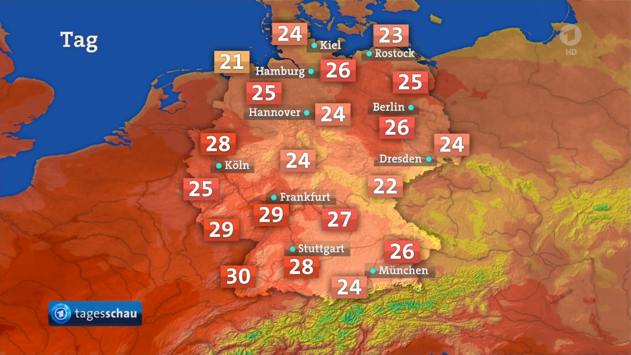 Diese Karte aus der Tagesschau vom 17. Juli 2025 stellt die Temperaturen farblich dar. (Bild: ARD-Mediathek, Screenshot: CORRECTIV.Faktenforum)