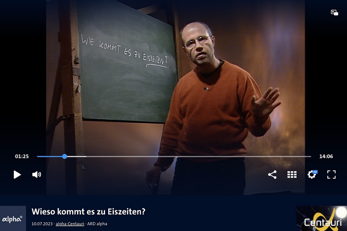 Harald Lesch in der Sendung „Alpha Centauri“, die 2001 ausgestrahlt und später in die Mediathek geladen wurde. Er erklärt darin geologische Klimazyklen und die Entstehung von Eiszeiten.(Quelle: ARD-Mediathek; Screenshot: CORRECTIV.Faktencheck)