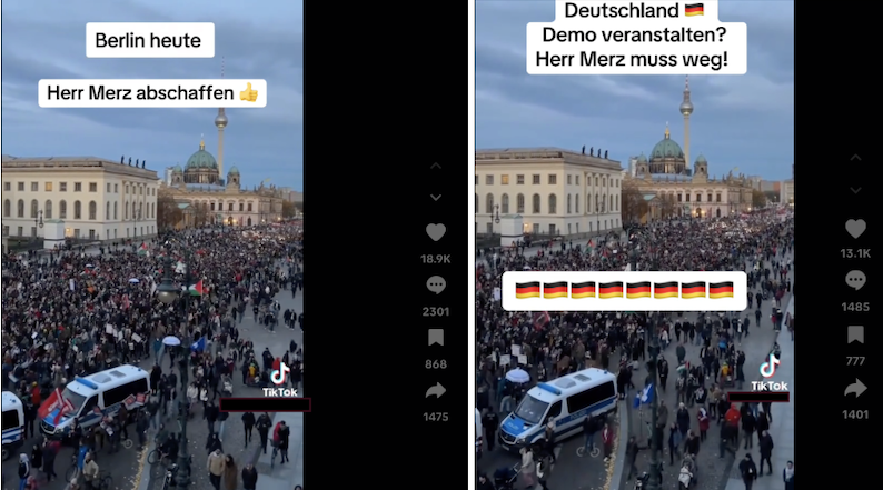 Zwei der Tiktok-Beiträge mit der angeblichen Demo gegen Merz
