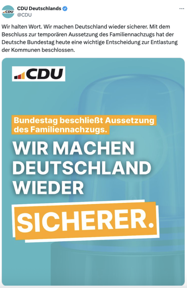 Auf X behauptet die CDU, die Aussetzung des Familiennachzuges mache Deutschland sicherer. Doch die Behauptung ist laut Expertinnen nicht haltbar.