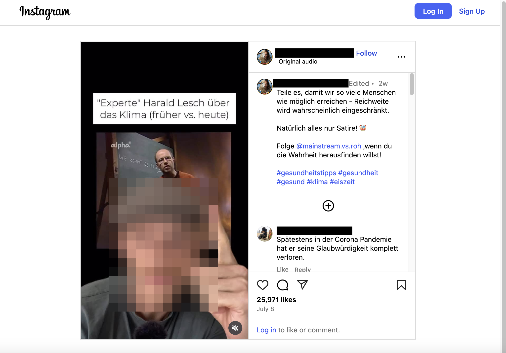 Auf Instagram verbreitet sich im Juli 2025 dieser Zusammenschnitt zweier Sendungen von Harald Lesch (Quelle: ARD / mainstream.vs.roh / Instagram; Screenshot CORRECTIV.Faktencheck)
