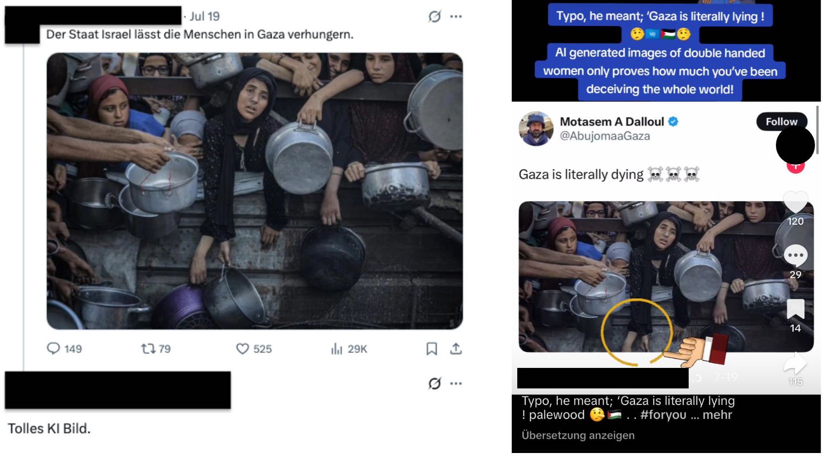 Einzelne versuchen auf X (links) und Tiktok (rechts) Zweifel an der Echtheit des Fotos zu säen. Anders als behauptet ist das Foto nicht KI-generiert. (Quelle: X / Tiktok; Foto: Ahmed Jihad Ibrahim Al-arini / Anadolu Images; Screenshot, Collage und Schwärzung: CORRECTIV.Faktencheck)