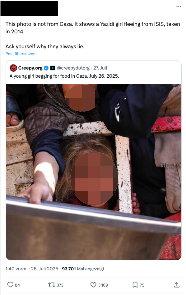 Screenshot eines X-Beitrags, der an dem Foto des Mädchens in Gaza zweifelte