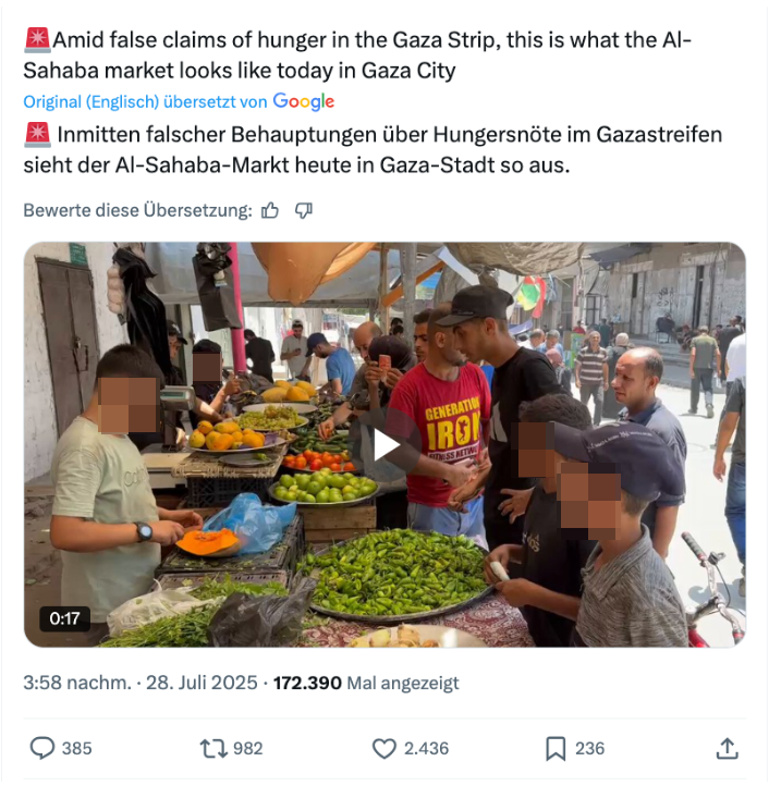 Mit Beiträgen wie diesem leugnen Nutzerinnen und Nutzer online die Hungerkrise in Gaza (Quelle: X / Majdi Fathi; Screenshot und Unkenntlichmachung: CORRECTIV.Faktencheck)