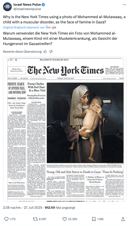 Screenshot eines X-Beitrages, der der New York Times vorwirft ein Foto falsch zu verwenden
