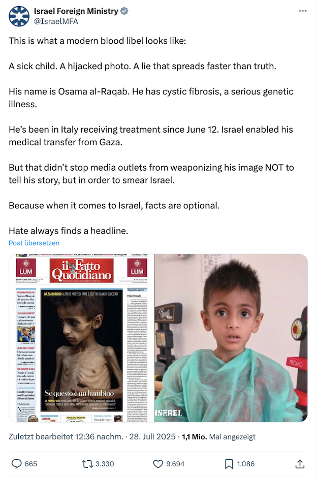 Screenshot des X-Beitrags des israelischen Außenministeriums