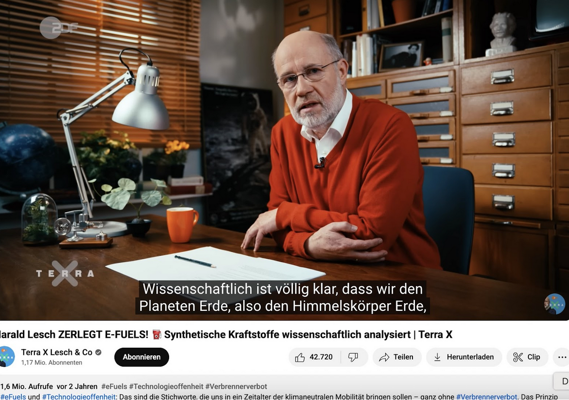 Leschs Terra X-Sendung (2023) über E-Fuels: Hier warnt er eindringlich davor, den Planeten weiter aufzuheizen. (Quelle: Terra X / Youtube; Screenshot: CORRECTIV.Faktencheck)