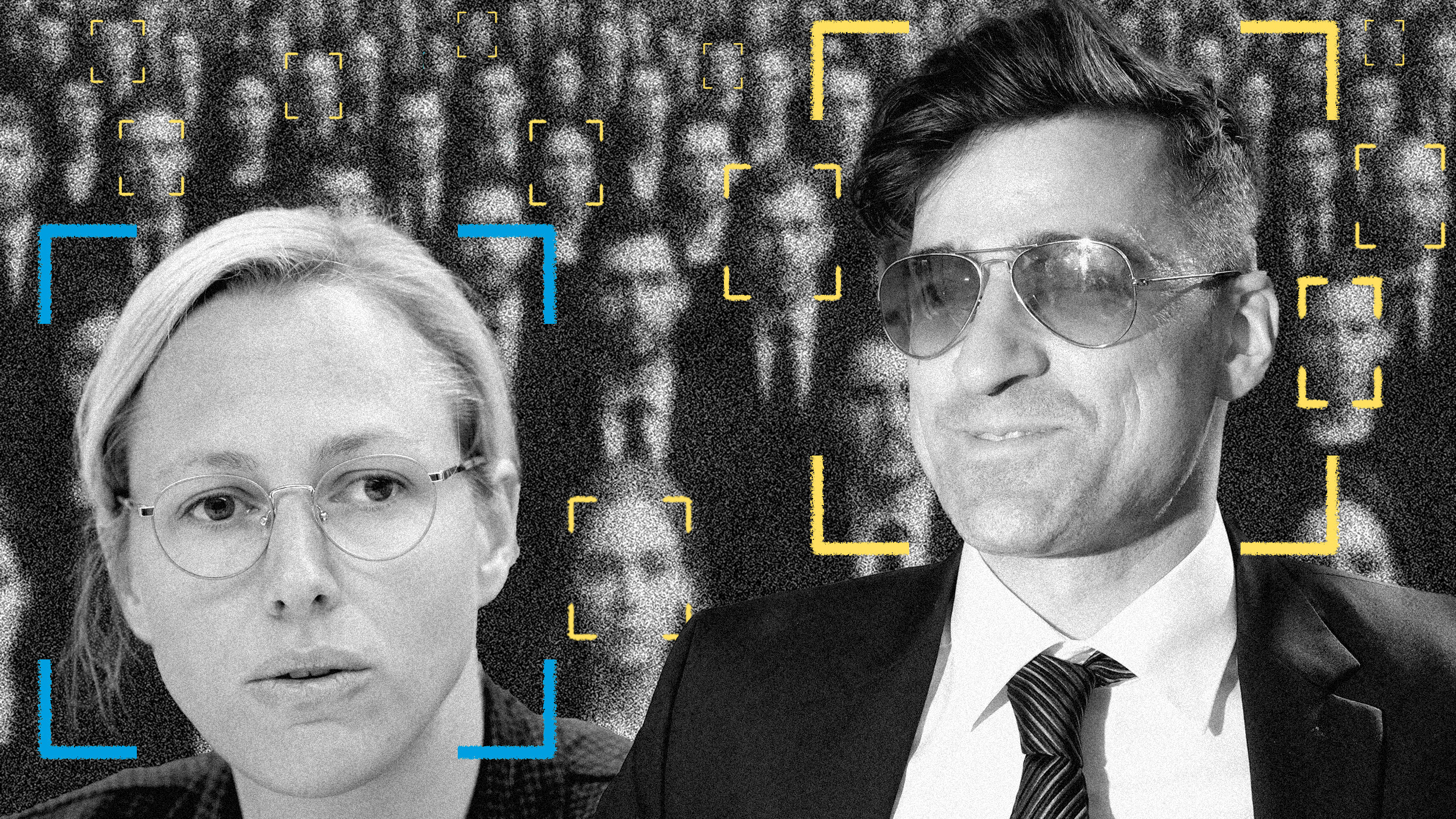 Beim Remigrations-Gipfel in Italien auf Einladung des Rechtsextremisten Martin Sellner (rechts) waren mindestens ein Dutzend Teilnehmer aus Deutschland dabei, darunter die AfD-Landtagsabgeordnete Lena Kotré (links). Im Foto zu sehen sind beide Personen vor einer anonymen Menschenmenge in schwarzen Anzügen. Collage: Ivo Mayr/CORRECTIV (Fotos: picture alliance, KI-generiert mit DALL·E)