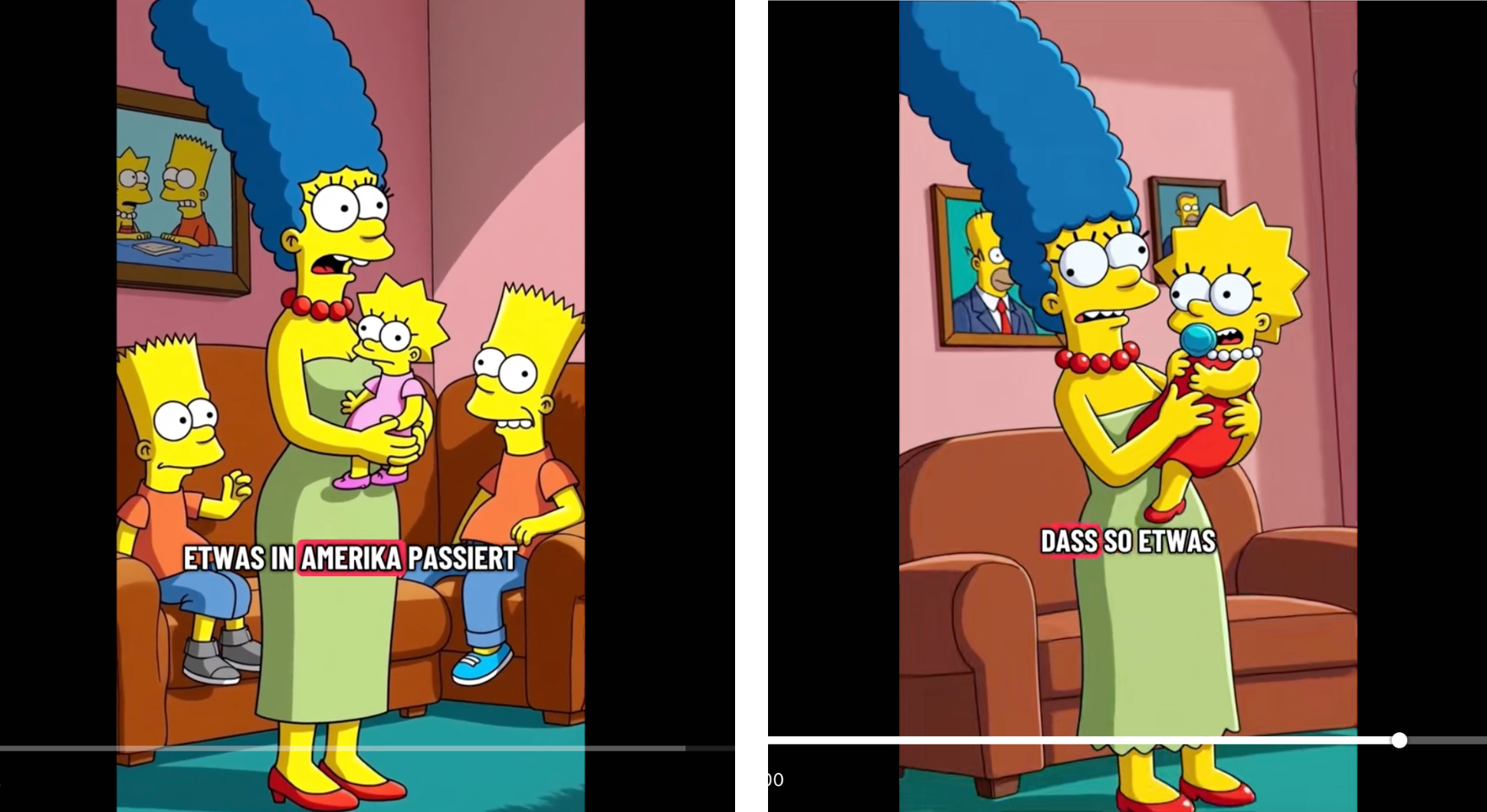 Collage von zwei Screenshots, die Szenen aus zwei Tiktok-Videos zeigen. Beide zeigen Marge Simpsons, sind aber mit KI-generiert.