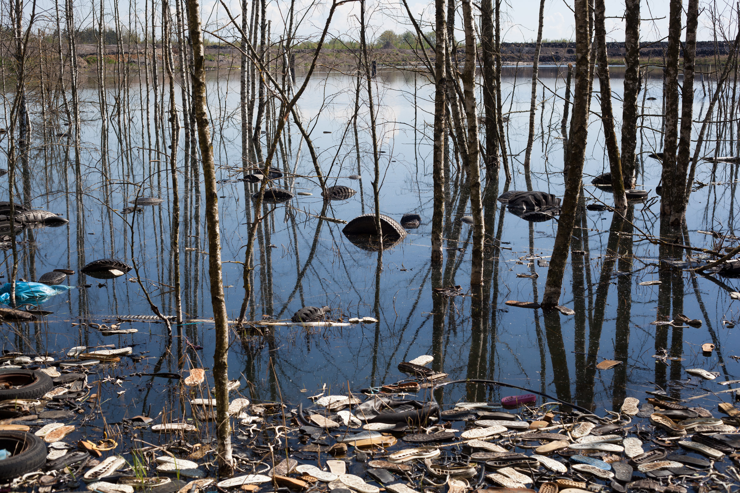 MydlovaryMichaelBillig003 Tyres, shoe soles and other rubber waste floating amongst dead trees on the shore of the last remaining uranium sludge ponds. Credits: Michael Billig