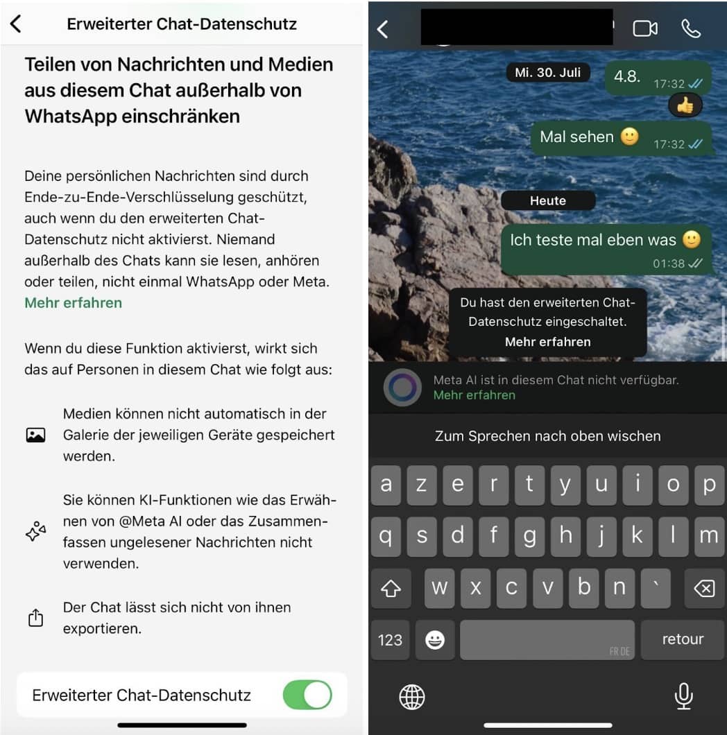 Links ein Screenshot, wie man den erweiterten Datenschutz auf Whatsapp einstellt. Rechts ein Chatverlauf, in dem die Meta AI deaktiviert ist