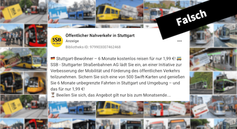 Collage aus einem Facebook-Beitrag und weiteren Bildern einer ÖPNV-Betrugsmasche auf Facebook.
