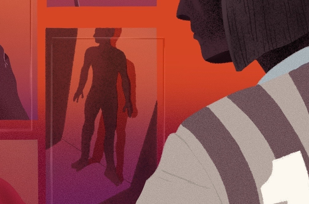 Illustration einer Fußballspielerin vor roten Hintergrund.