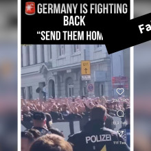 Auf Instagram gehen Videos wie dieses viral. Anders als behauptet, skandiert die Menschenmenge nicht „send them home“, sondern „Scheiß St. Pauli“. (Quelle: Instagram; Screenshot und Collage: CORRECTIV.Faktencheck)