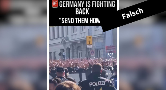 Auf Instagram gehen Videos wie dieses viral. Anders als behauptet, skandiert die Menschenmenge nicht „send them home“, sondern „Scheiß St. Pauli“. (Quelle: Instagram; Screenshot und Collage: CORRECTIV.Faktencheck)