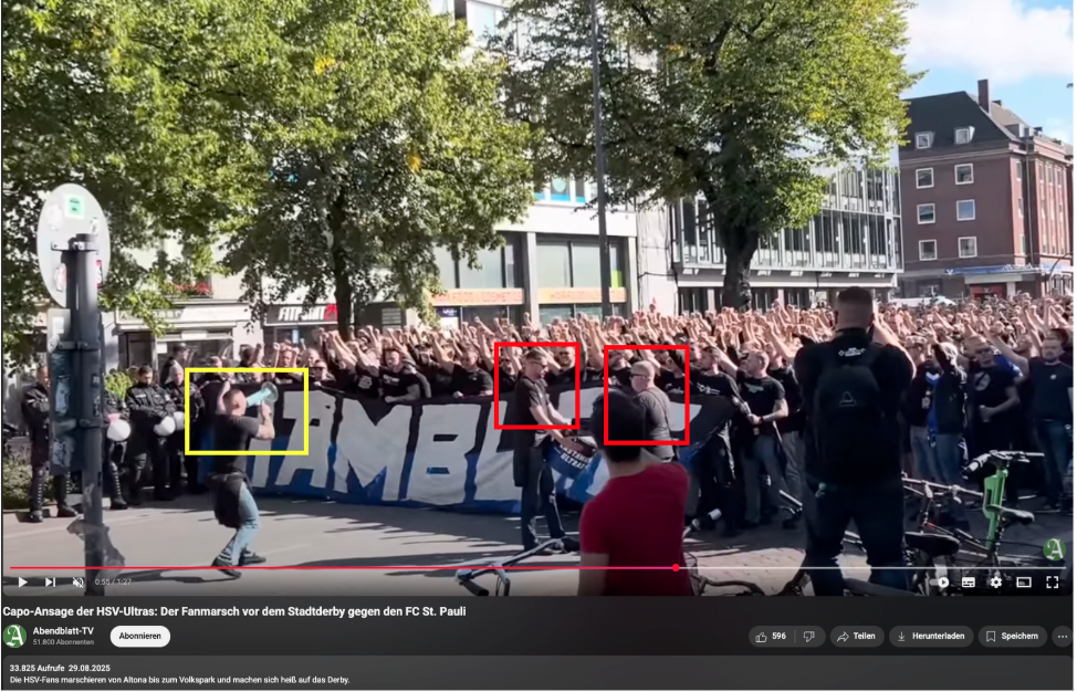 Standbilder des Instagram-Videos (oben) zeigen dieselbe Person mit Megafon (gelbe Markierung) und dieselben Personen mit einer Trommel (rote Markierungen) wie das Video des Hamburger Abendblatts (unten) (Quelle: Instagram / Hamburger Abendblatt / Youtube; Screenshots, Collage und Markierungen: CORRECTIV.Faktencheck)