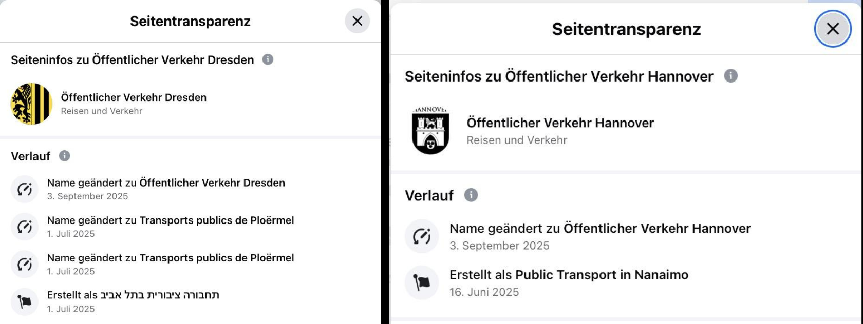 Screenshots von zwei Betrugsseiten, die sich auf Facebook umbenannt haben.
