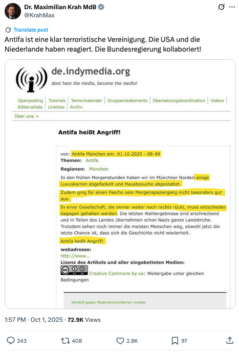 Screenshot eines X-Beitrags des AfD-Politikers Maximilian Krah