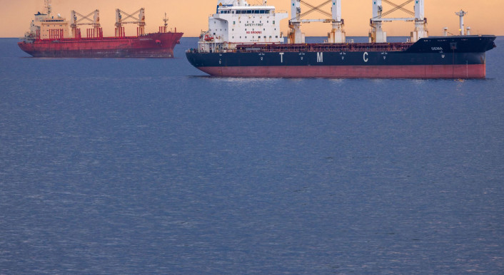 Zwei Containerschiffe liegen vor dem Hafen von Rostock: Ließe sich die Anzahl des Schiffsverkehrs durch einen Verzicht auf fossile Energieträger halbieren? (Bild: DPA / Picture Alliance)