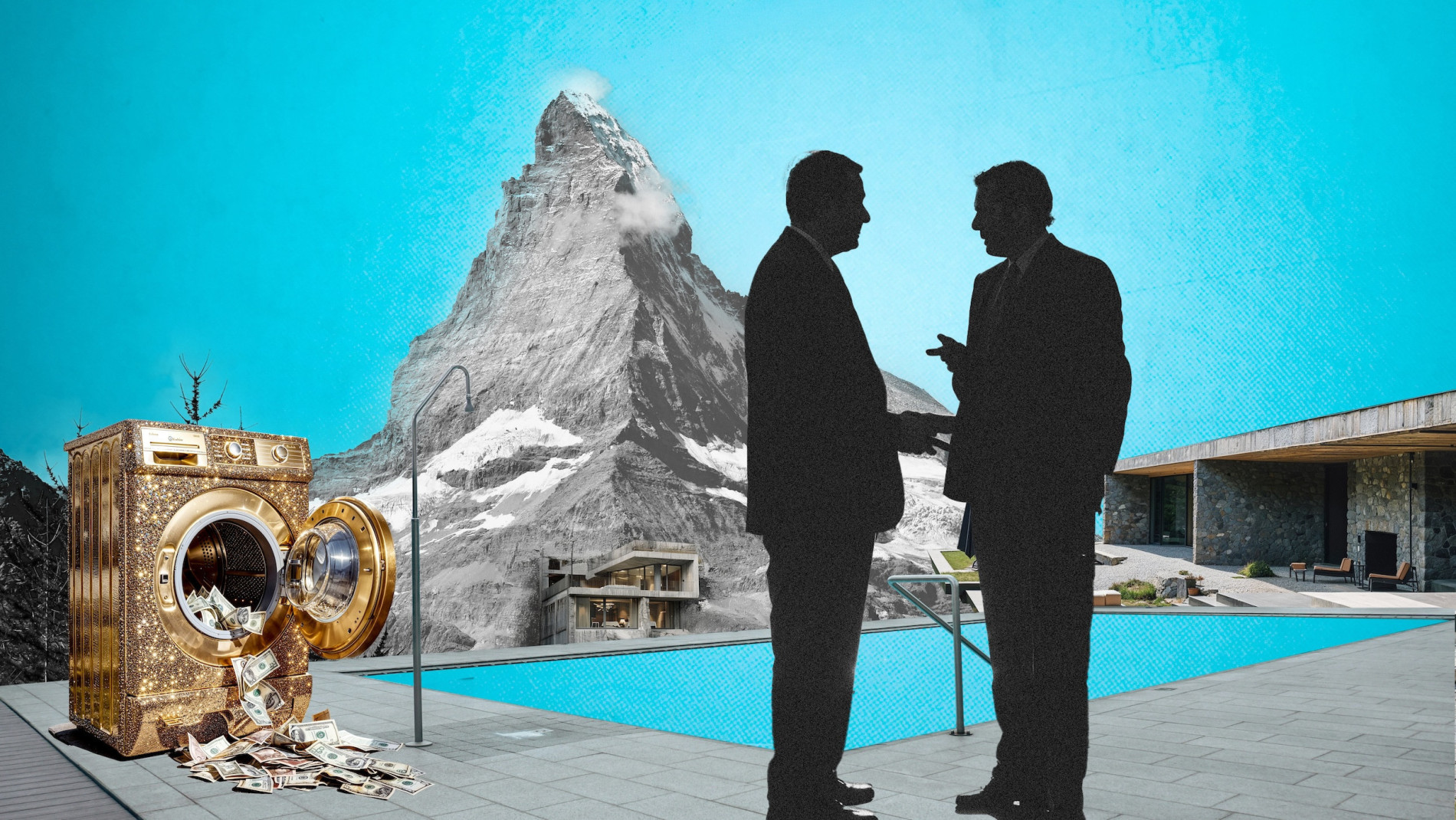 Zwei Männer im schwarzen Anzug sprechen miteinander. Sie sind nicht zu erkennen. Dahinter ist das Matterhorn zu sehen. Die Männer stehen vor einem grossen Luxuspool. Daneben steht eine goldene Waschmaschine mit Diamanten. Aus ihr kommen ein Haufen Geldscheine zum Vorschein.