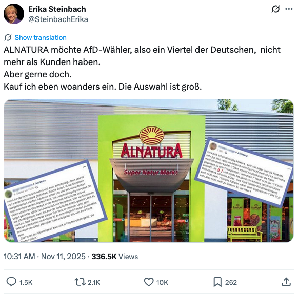 Screenshot eines X-Beitrags der AfD-Politikerin Erika Steinbach