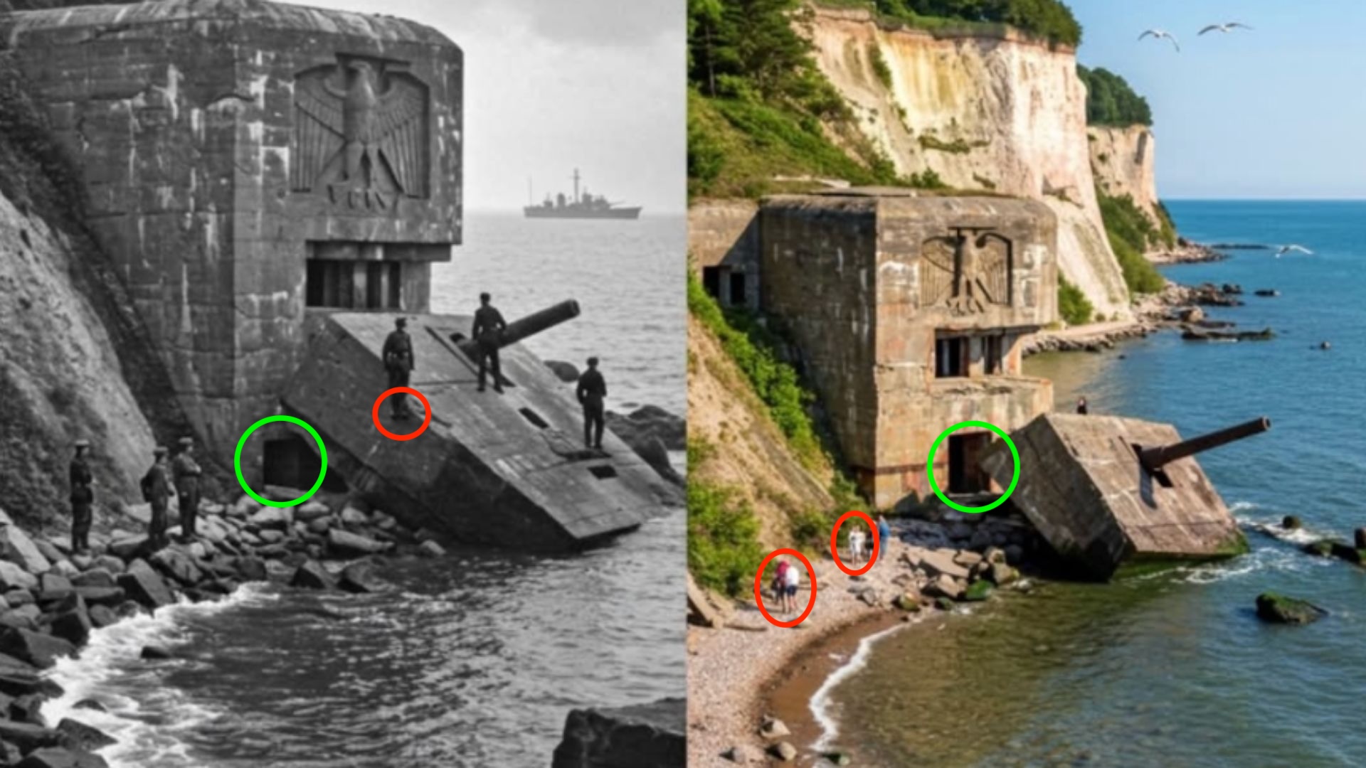 Einer der Soldaten schwebt, zwei Menschen teilen sich offenbar ein Bein, ein andere Person hat scheinbar zwei Köpfe (rote Markierungen). Eine Öffnung auf der schwarz-weiß Aufnahme ist im farbigen Bild mehrere Meter weiter rechts