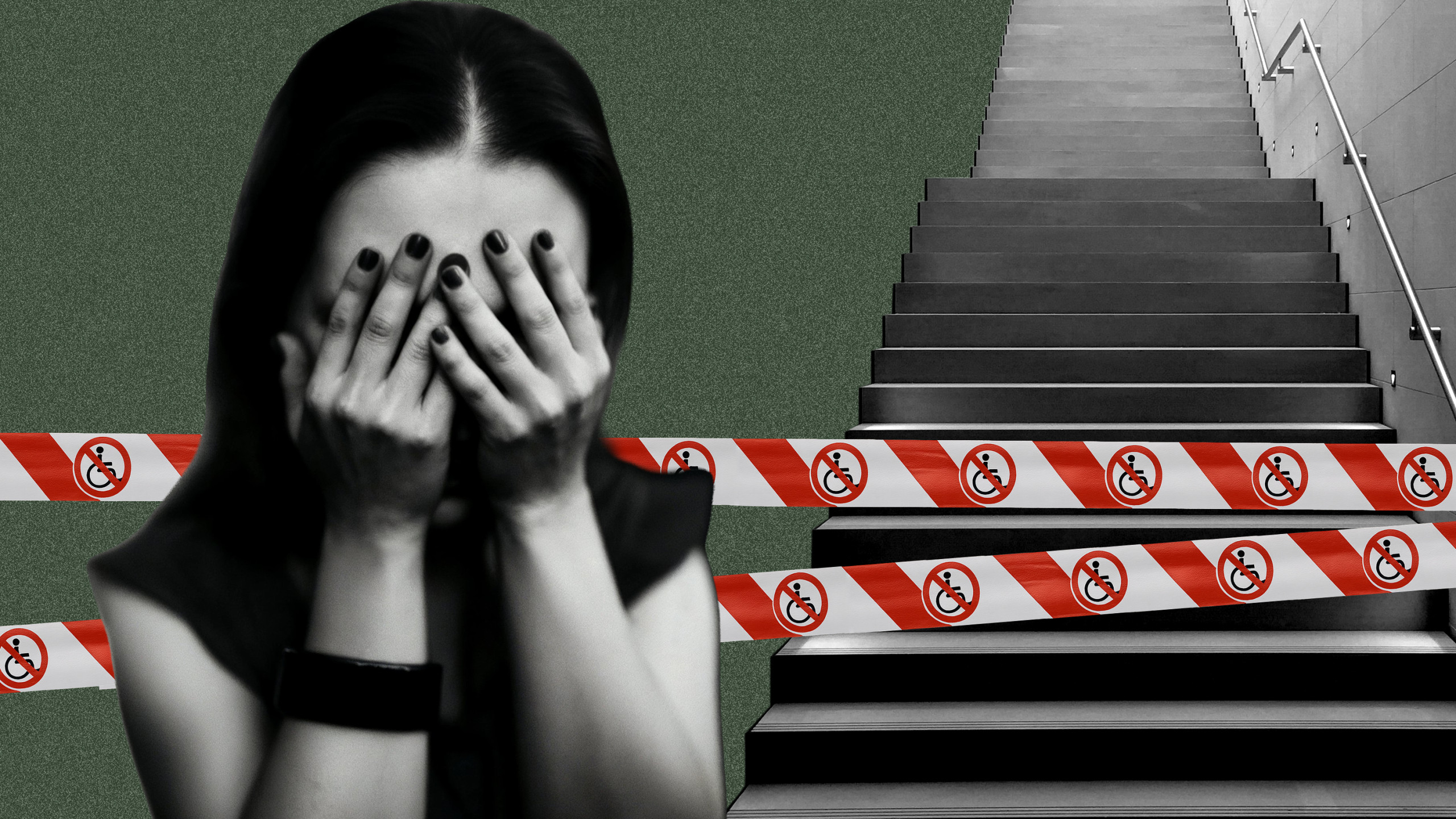 Die Collage zeigt eine Frau, die die Hände vors Gesicht schlägt. Im Hintergrund sieht man eine Treppe und davor ein rotes Absperrband. Darauf sind Rollstühle abgebildet, die mit einem roten Strich durchgestrichen wurden.