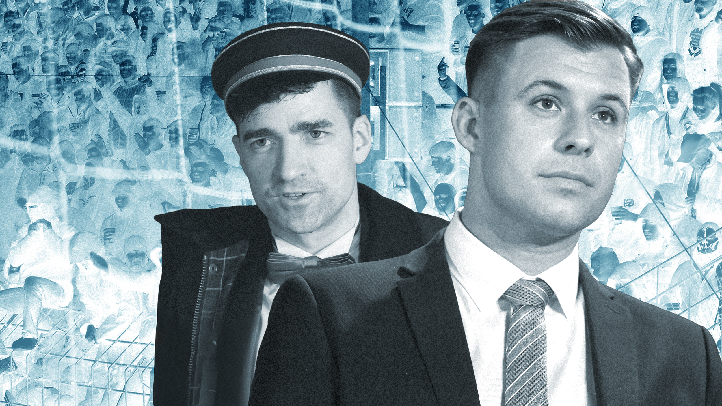 Collage: Ivo Mayr/CORRECTIV. Fotos: picture alliance (Porträts von Sellner & Hohm), Jüdisches Forum für Demokratie und gegen Antisemitismus (Hintergrund), unsplash.com.