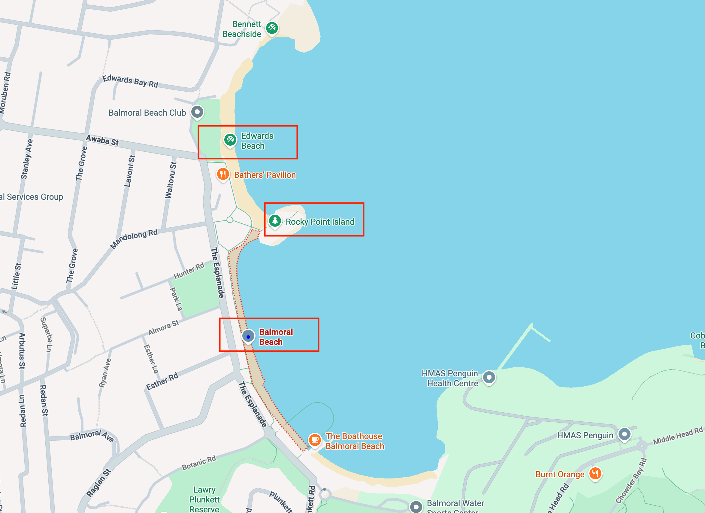 Der Balmoral Beach in Sydney wird durch die Rocky Point Island vom Edwards Beach getrennt