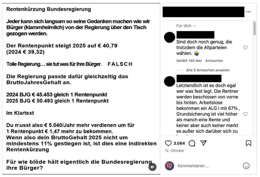 Der Erwerb der Rentenpunkte hat erst einmal nichts damit zu tun, was ein Rentenpunkt wert ist. Das geht im Beitrag auf Instagram durcheinander.