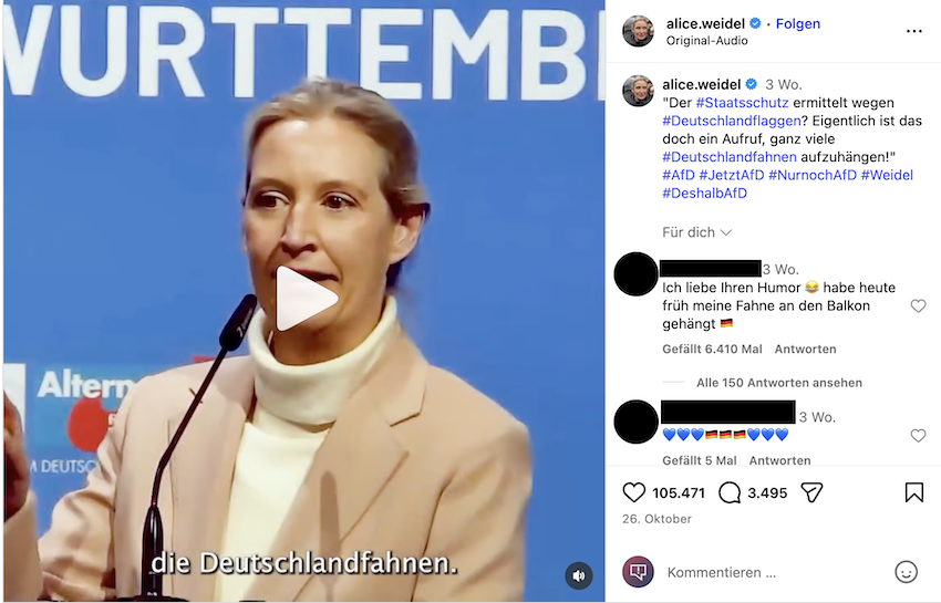 Screenshot vom Instagram-Beitrag mit Alice Weidels Rede