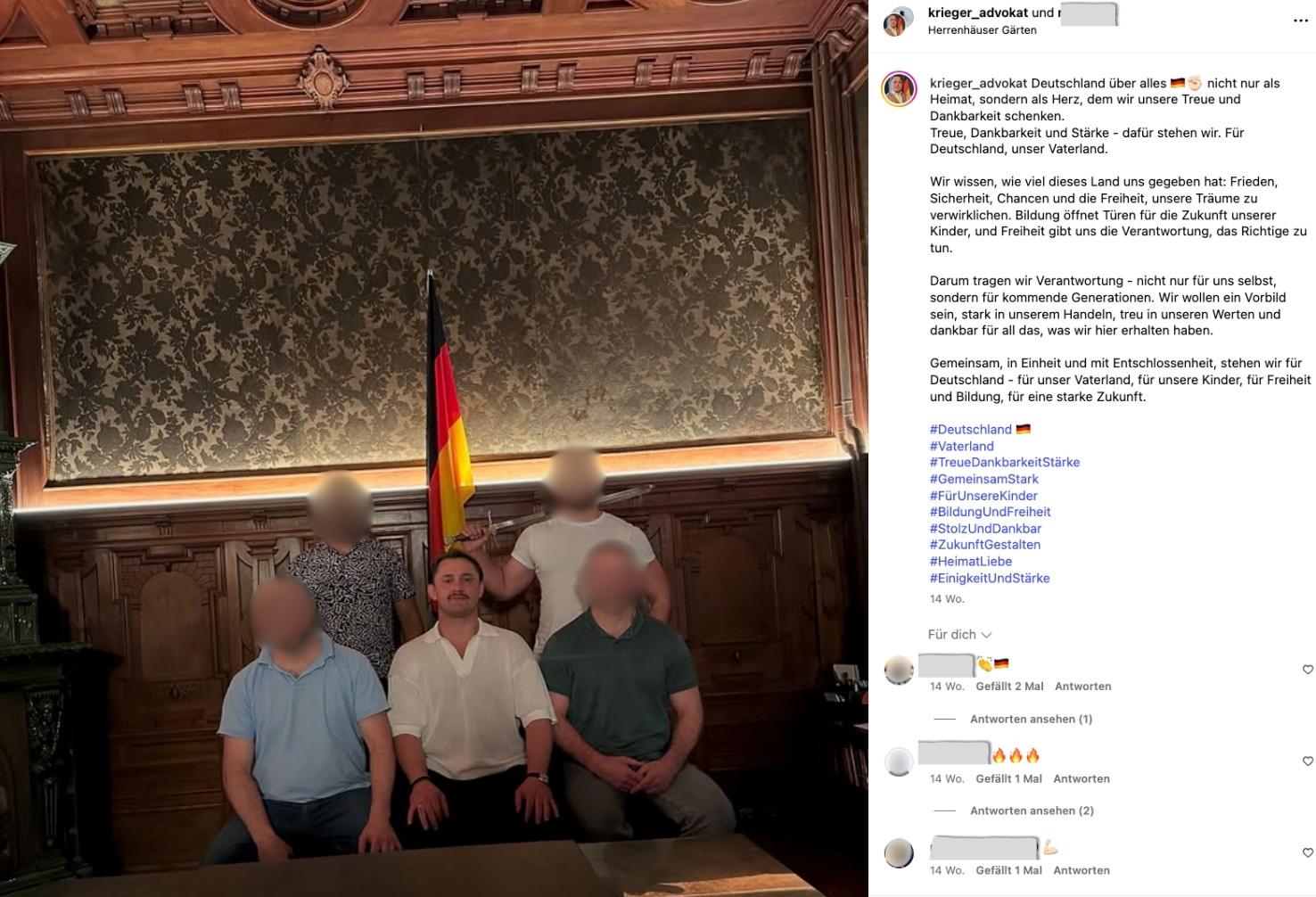Screenshot von Instagram. Zu sehen sind fünf Männer, drei sitzen im Vordergrund, zwei stehen im Hintergrund. Sie sind im Raum einer Villa. Der Mann hinten rechts hat ein Schwert über die Schulter gelehnt. Zu sehen ist eine Deutschlandfahne im Hintergrund.