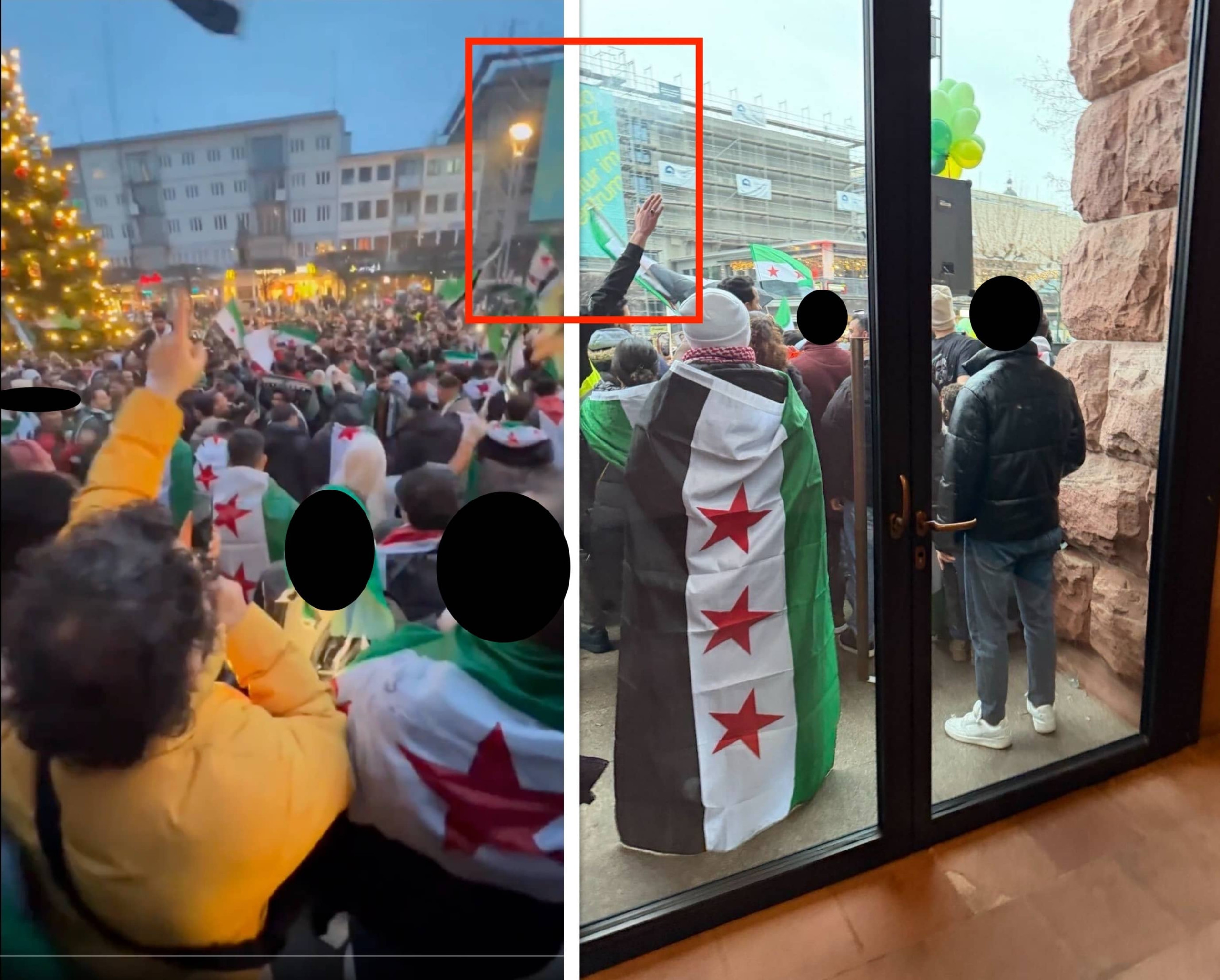 Bildvergleich zeigt links einen Screenshot aus dem Video auf X - im Hintergrund ein grünes Plakat an einer Baustelle. Rechts ein Video aus dem Staatstheater heraus, das viele Menschen mit syrischen Fahnen vor der Eingangstür zeigt.