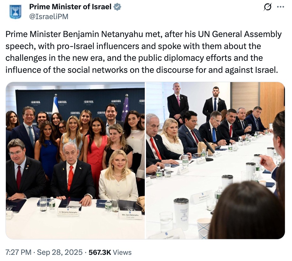 Israels Ministerpräsident Benjamin Netanjahu traf sich Ende September 2025 mit pro-israelischen Influencern in New York (Quelle: X; Screenshot: CORRECTIV.Faktencheck)