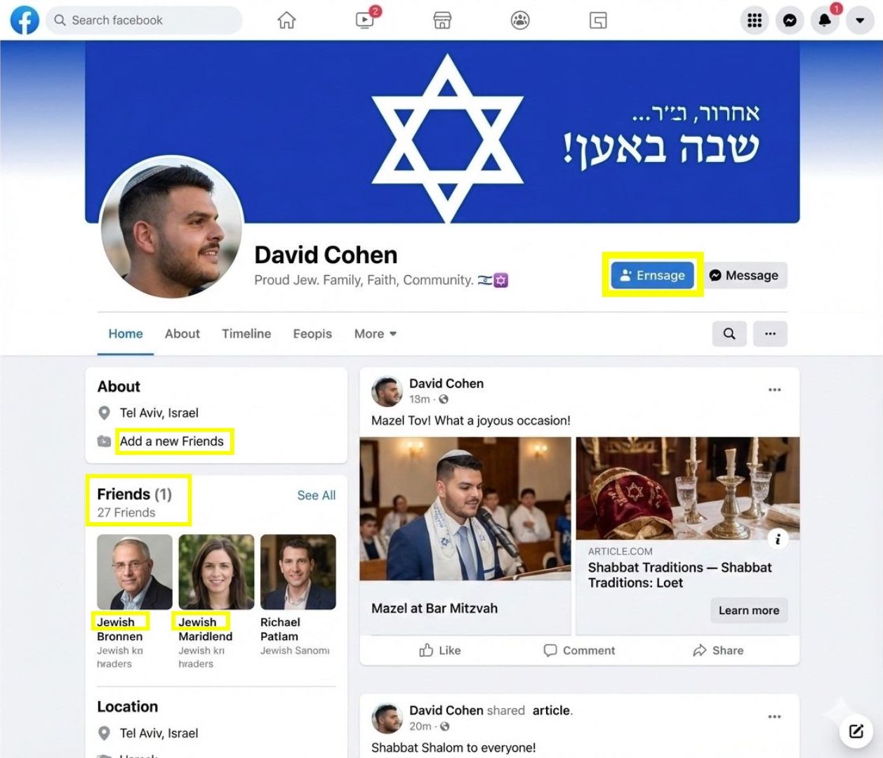 Das Bild des angeblichen Facebook-Profils „David Cohen“ weist mehrere logische Fehler auf (gelbe Markierungen), die nicht zu echten Facebook-Profilen passen (Quelle: X; Screenshot, Collage und Markierungen: CORRECTIV.Faktencheck)