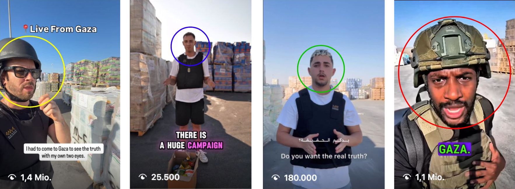 Fotos, die das israelische Ministerium für Diaspora-Angelegenheiten und der Bekämpfung von Antisemitismus veröffentlichte (oben links und rechts), geben Aufschluss darüber, dass Jeremy Abramson (gelb), David Rebel (blau), Marwan Jaber (grün), Xaviaer DuRousseau (rot) an einer „Special Tour“ eines israelischen Ministeriums zum Grenzübergang Kerem Shalom teilnahmen (Fotos oben: Matan Malahovski / Israels Ministerium für Diaspora-Angelegenheiten und Bekämpfung des Antisemitimsus; Fotos unten: Instagram; Collage und Markierungen: CORRECTIV.Faktencheck)