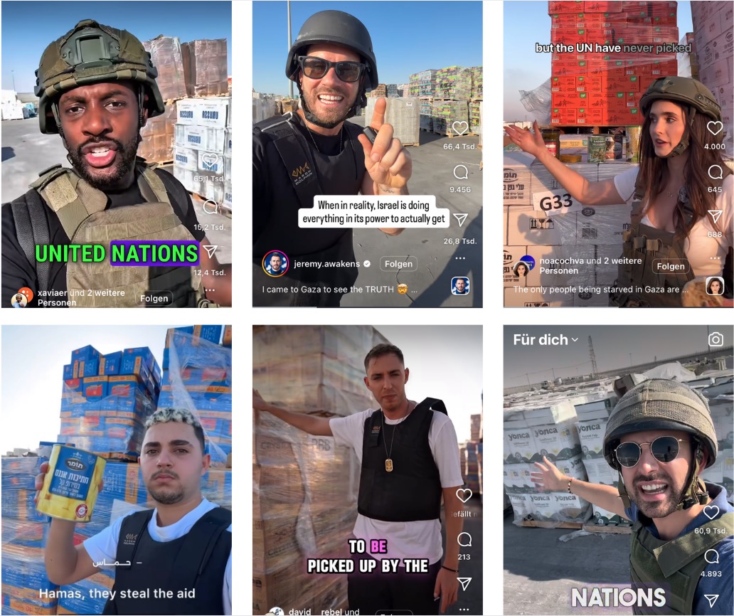 Von links oben: Xaviaer DuRousseau, Jeremy Abramson, Noa Cochva, Marwan Jaber, David Rebel und Eylon Levy (Quelle: Instagram; Screenshots und Collage: CORRECTIV.Faktencheck)