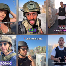 Diese Personen verbreiteten von Juli bis September 2025 Videos vom Grenzübergang Kerem Shalom im Süden Gazas. Darin zeigen sie einen verzerrten Blick auf Hilfslieferungen, die nach Gaza kommen. Von links oben: Noa Cochva, Xaviaer DuRousseau, David Rebel, Ex-Regierungssprecher Israels Eylon Levy, Jeremy Abramson, Marwan Jaber. (Quelle: Instagram; Screenshots und Collage: CORRECTIV.Faktencheck)