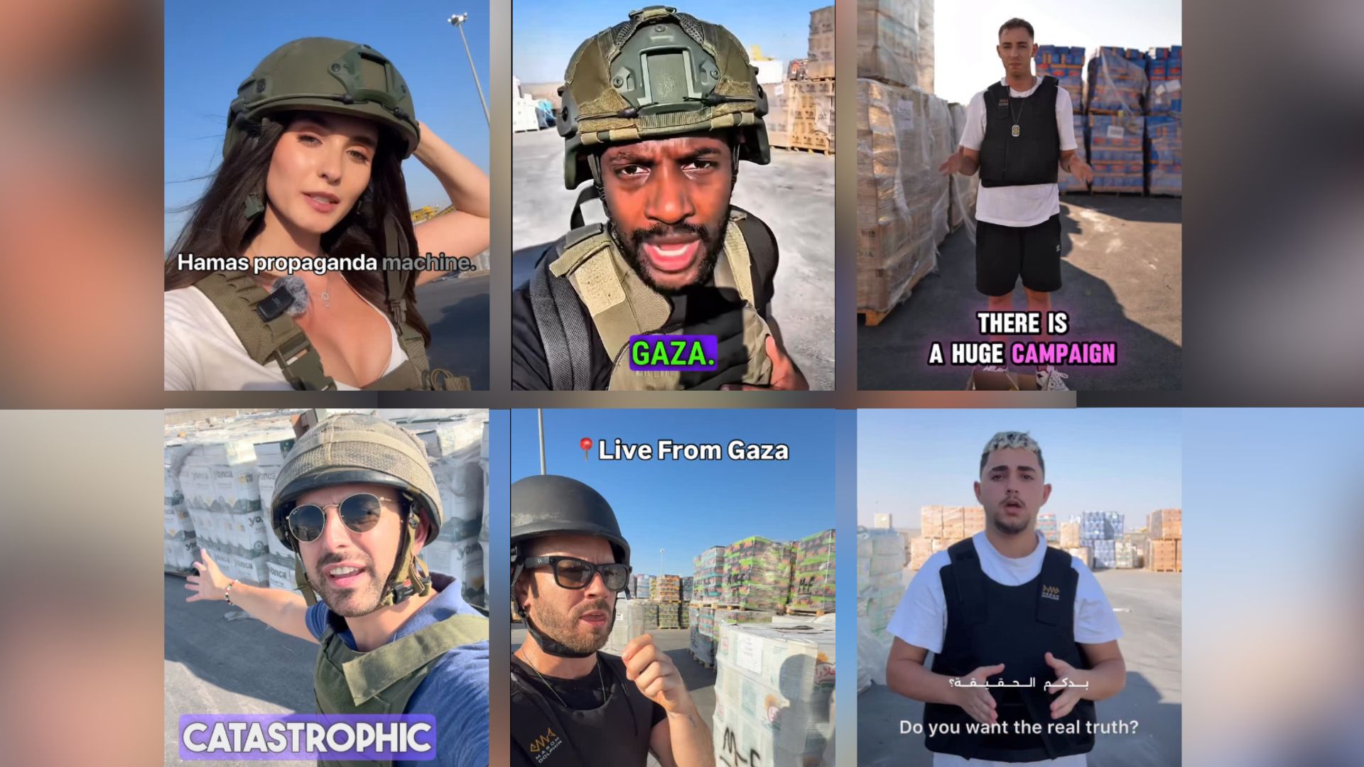 Diese Personen verbreiteten von Juli bis September 2025 Videos vom Grenzübergang Kerem Shalom im Süden Gazas. Darin zeigen sie einen verzerrten Blick auf Hilfslieferungen, die nach Gaza kommen. Von links oben: Noa Cochva, Xaviaer DuRousseau, David Rebel, Ex-Regierungssprecher Israels Eylon Levy, Jeremy Abramson, Marwan Jaber. (Quelle: Instagram; Screenshots und Collage: CORRECTIV.Faktencheck)