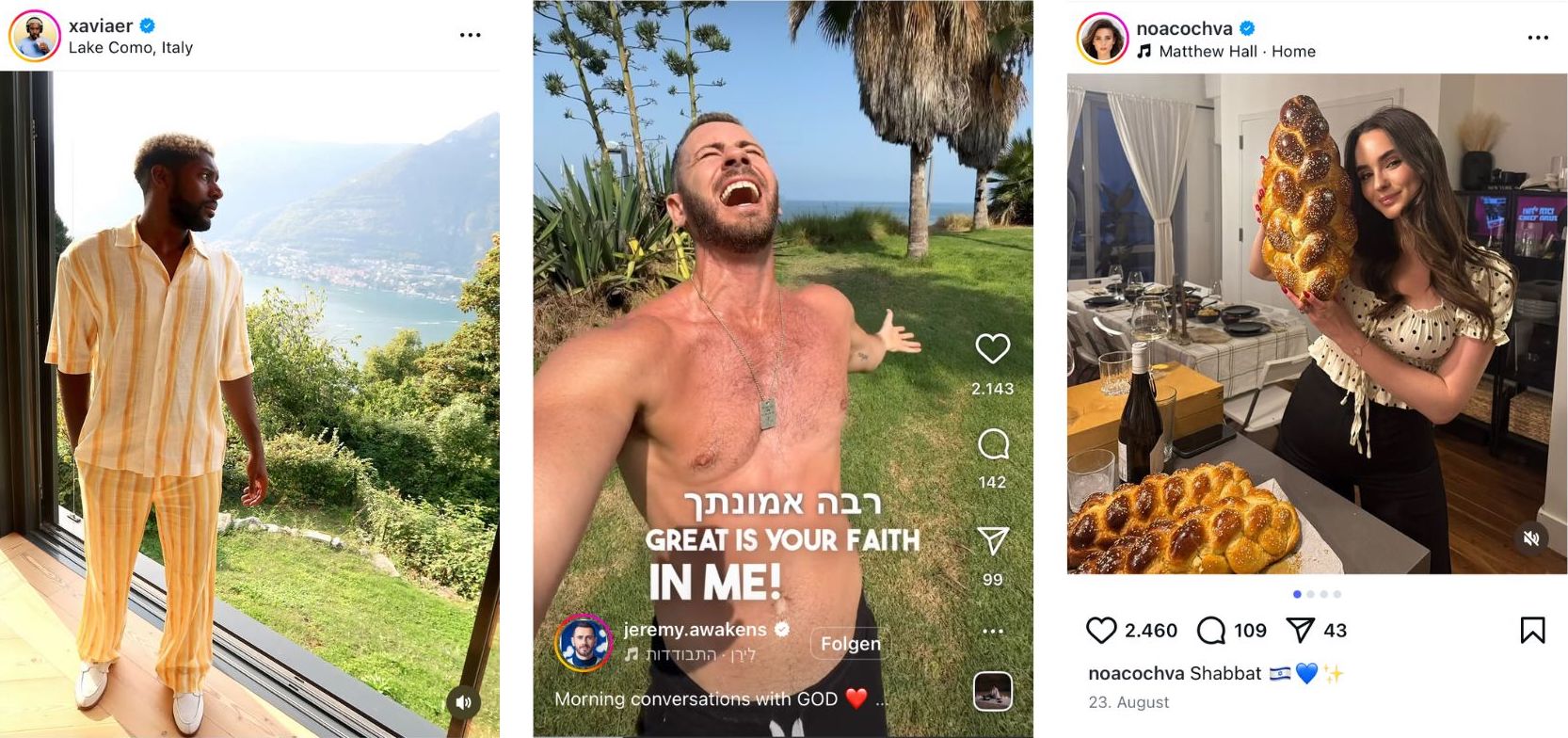 Manche der Influencer, wie Xavier DuRousseau (links), Jeremy Abramson (mitte) und Noa Cochva (rechts) geben auch private Einblicke auf Instagram (Quelle: Instagram; Screenshot und Collage: CORRECTIV.Faktencheck)