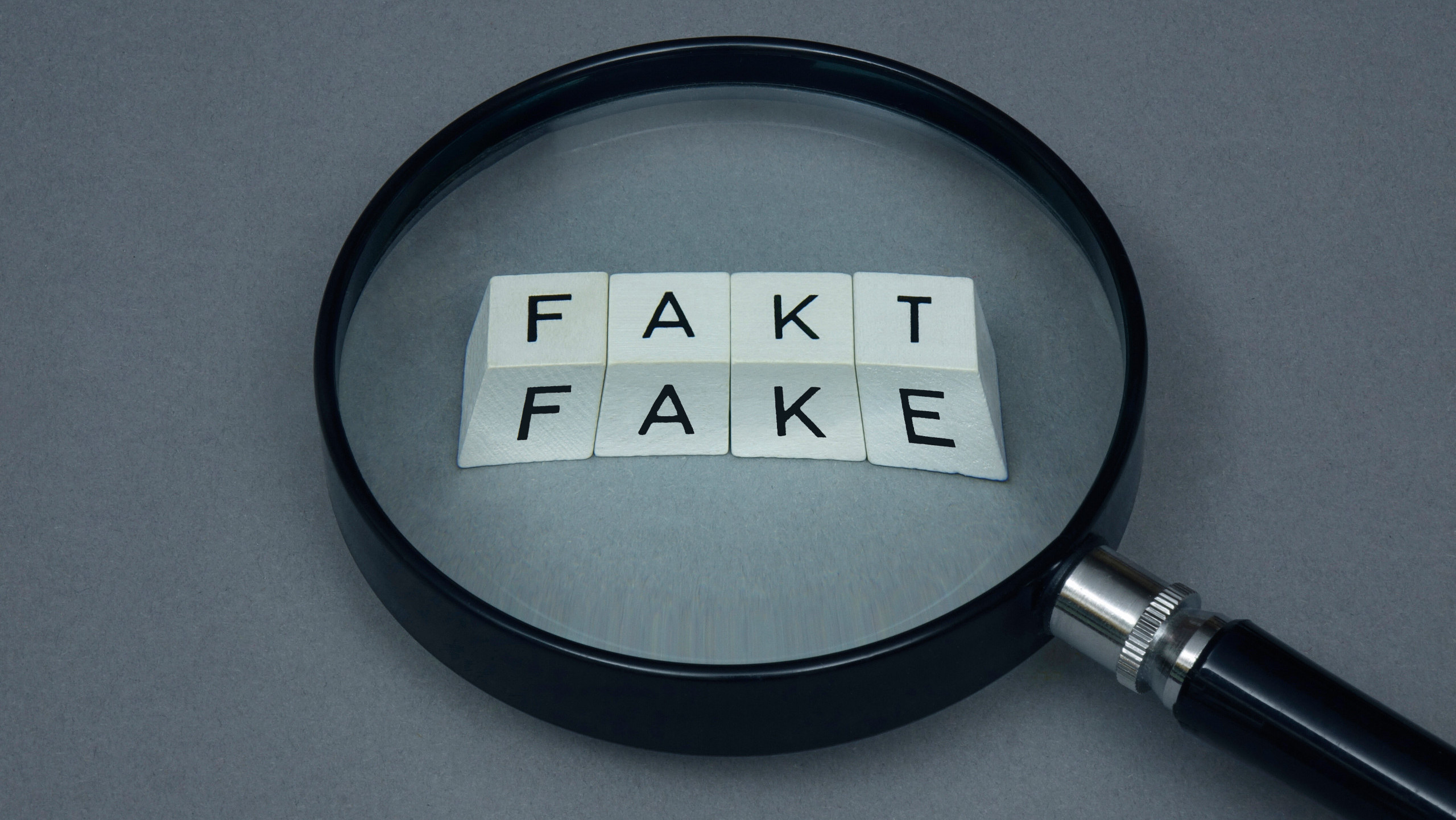 Eine Lupe zeigt auf die Wörter "Fakt" und "Fake".