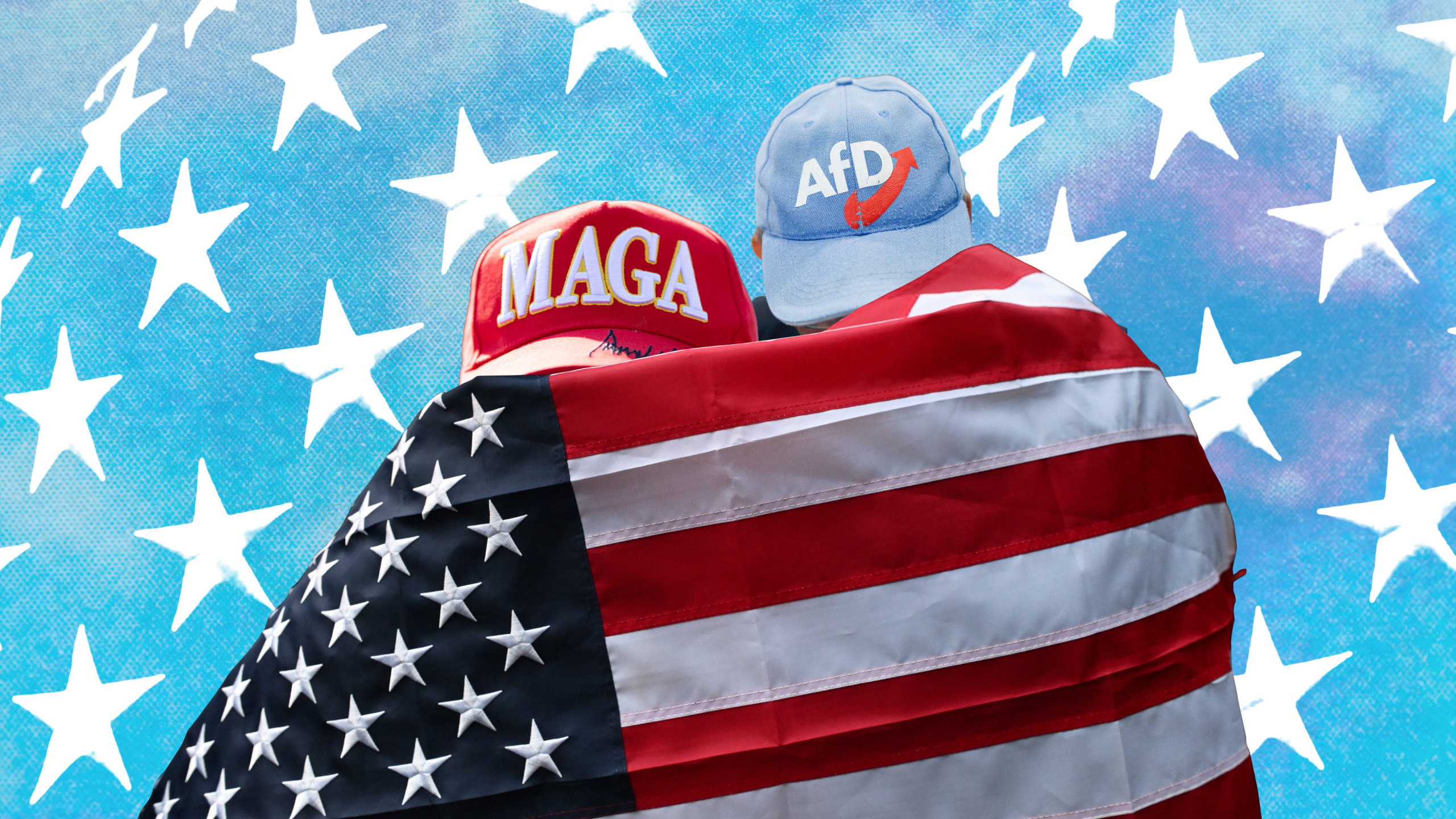 Hinter einer USA-Fahne sind zwei Personen zu sehen. Man sieht allerdings nur ihre Köpfe, auf denen Sie Caps tragen. Eine Cap ist rot mit dem Schriftzug MAGA, die andere ist blau mit dem Schriftzug AfD. Collage: Ivo Mayr / CORRECTIV (Fotos: picture alliance)